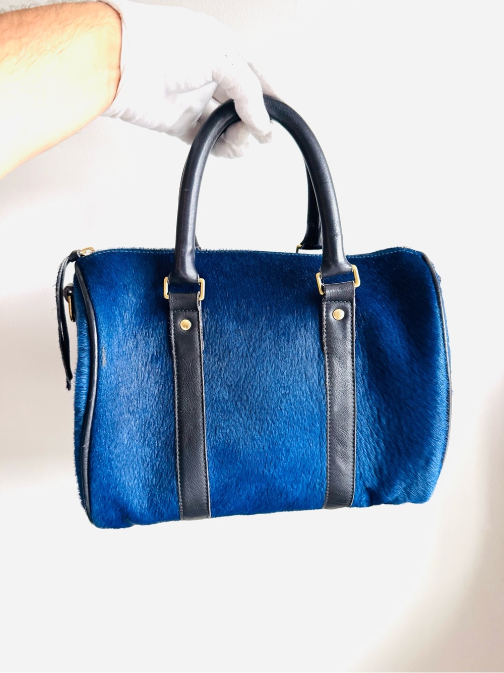 Clare V Blue Haircalf Satchel with Black Leather Trim